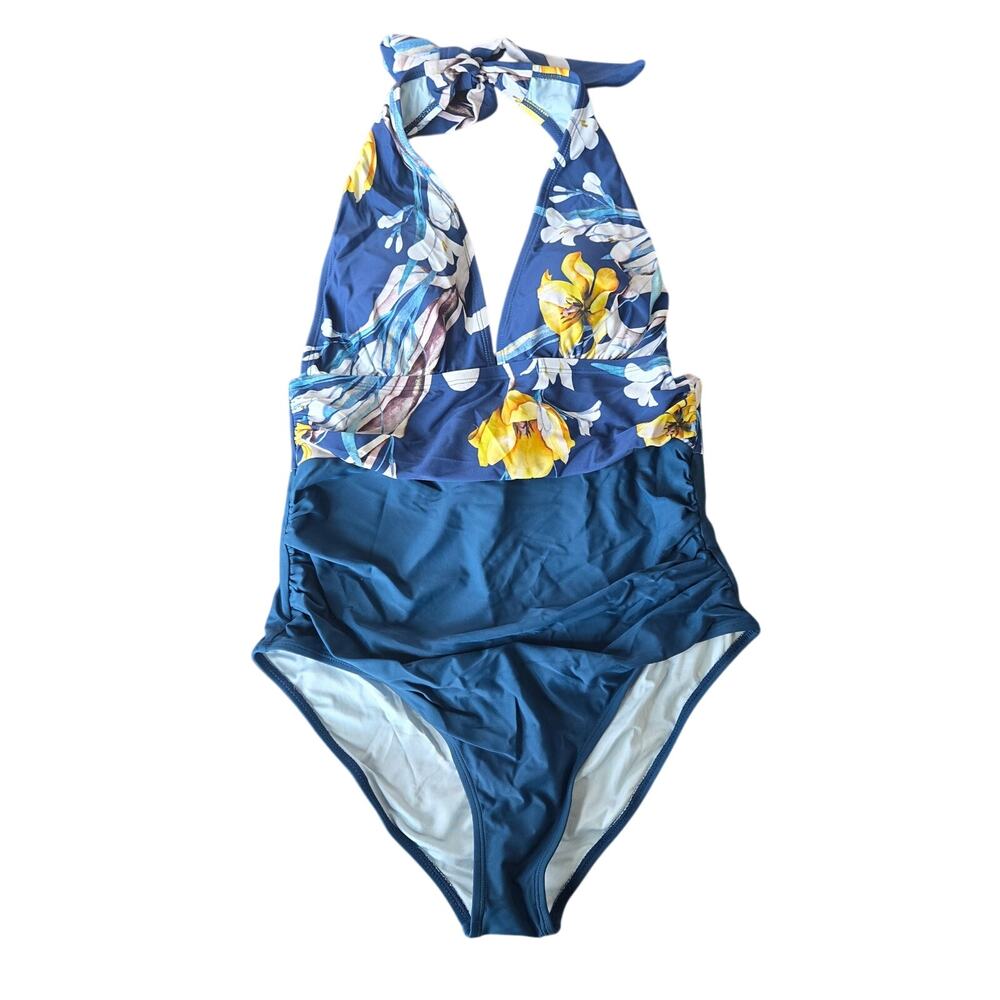 Cupshe Ruched Halter Blue One Piece Swimsuit Size L NWT - Picture 2 of 8